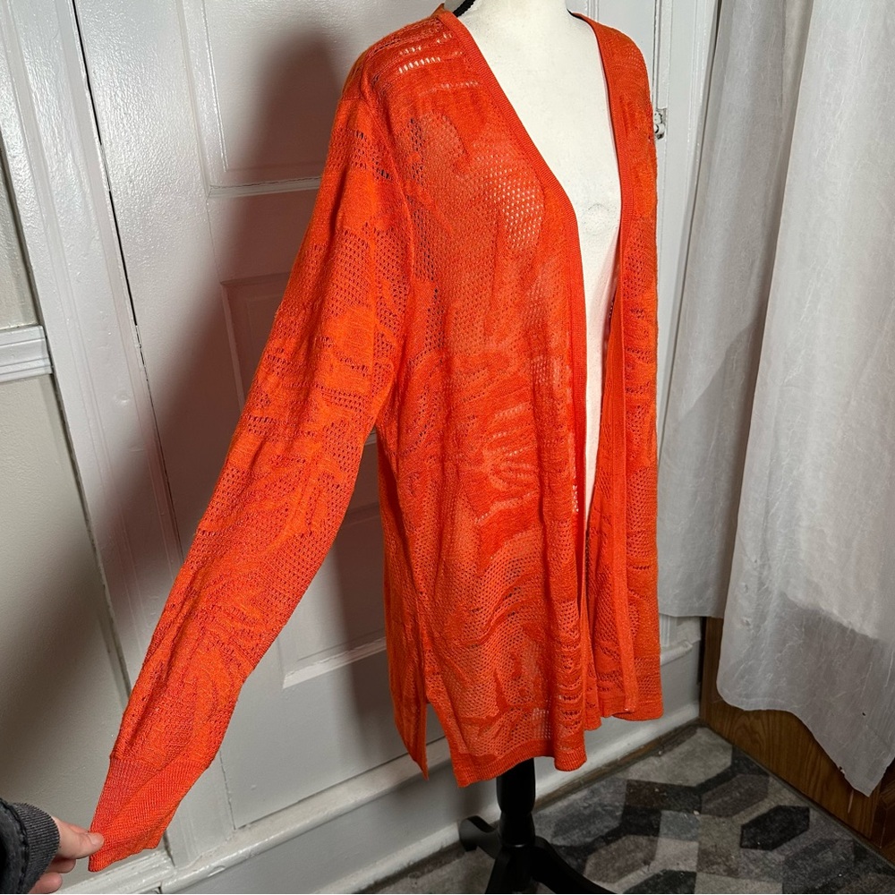 Chico's Orange Pointelle Palms Cardigan Sweater Open Knit Boho Casual XL NWOT - Picture 10 of 17